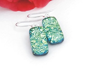 Green Dichroic Glass Drop Earrings - Fused Glass Jewellery - 925 Sterling Silver Earwires