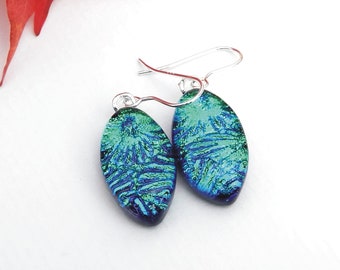 Green and Blue Dichroic Glass Oval Dangle Earrings on 925 Sterling Silver Earwires, Fused Glass Drop Earrings