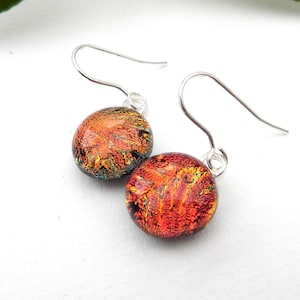 Russett Dichroic Glass Dangle Earrings on 925 Sterling Silver Earwires, Fused Glass Jewellery, Red Art Glass Drop Earrings