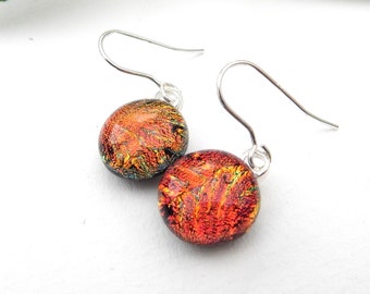 Russett Dichroic Glass Dangle Earrings on 925 Sterling Silver Earwires, Fused Glass Jewellery, Red Art Glass Drop Earrings