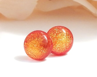 Dichroic Glass Stud Earrings: Orange Sparkle, Sterling Silver Posts