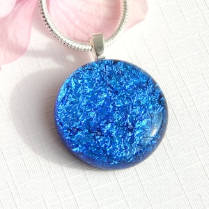 Small Round True Blue Dichroic Glass Pendant Fused Glass Jewelry Blue Glass Necklace image 1