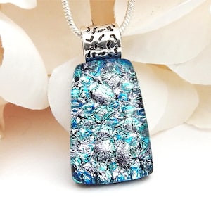 Mottled Silver and Teal Dichroic Glass Necklace, Fused Glass Jewellery,  Silver and Blue Art Glass Pendant