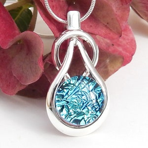 Silver Blue Dichroic Pendant - Fused Glass Jewellery - Sky Blue Art Glass Knot Pendant