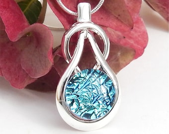 Silver Blue Dichroic Pendant - Fused Glass Jewellery - Sky Blue Art Glass Knot Pendant