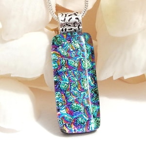Rainbow Dichroic Glass Pendant, Fused Glass Jewellery, Multicolor Dichroic Art Glass Necklace