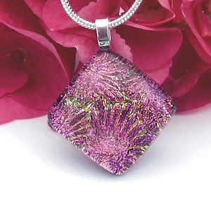 Pink Golden Dichroic Glass Pendant - Fused Glass Jewelry - Pink Glass Necklace