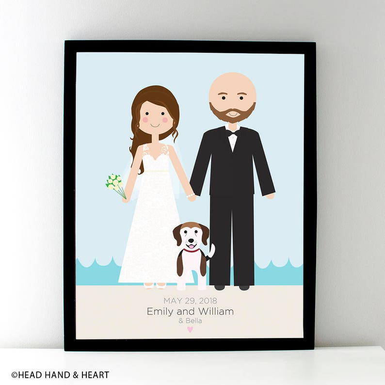 Beach Wedding Custom Portrait Anniversary Wedding Portrait Couple Portrait with Pet