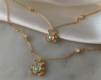 Teddy Bear Opal Heart Necklace