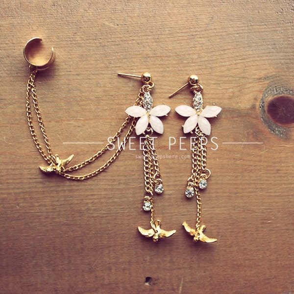 Delicate Flower and Soaring Birds Ear Cuff Set
