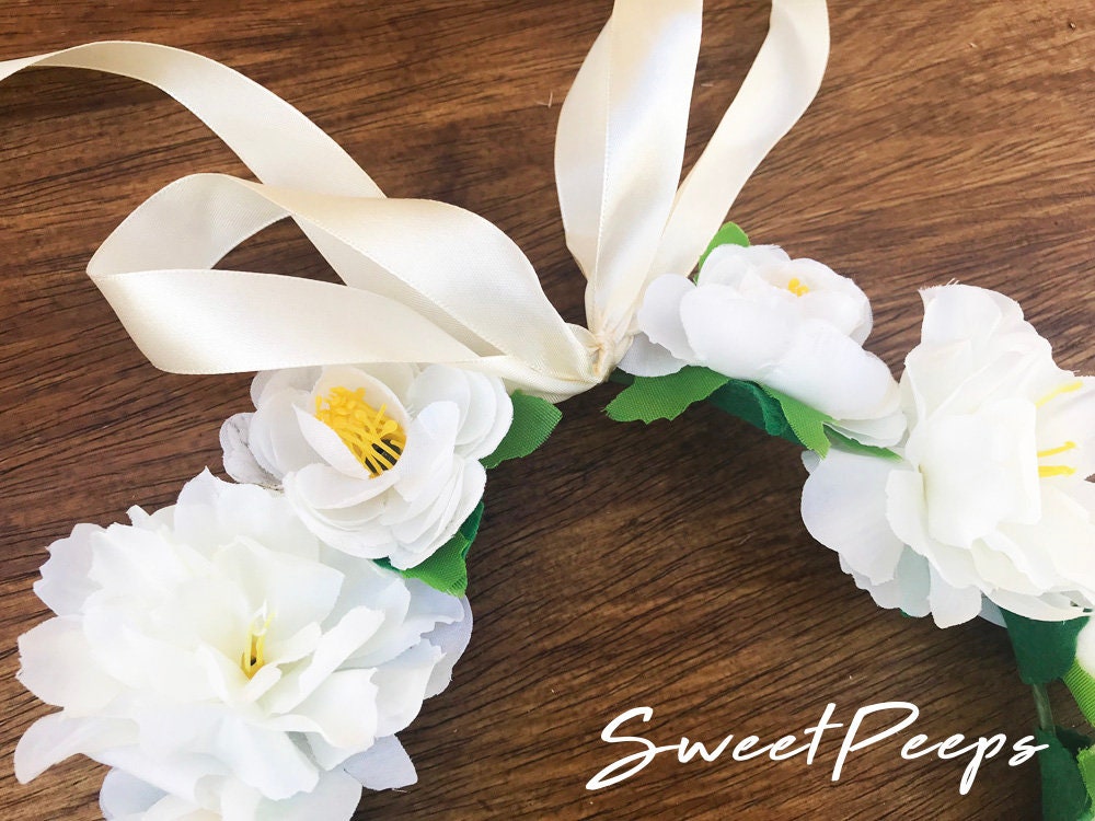 Large White Ribbon Flower Crown Romantic Flower Crown Etsy