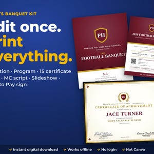 Football Banquet Kit, Sports Banquet Program, Award Certificates, Invitation, Slideshow, MC Script, Editable Template, Instant Download