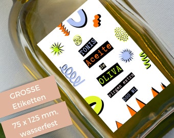 große wasserfeste Flaschenetiketten für Essig, Öl oder Likör im 80er Jahre Retro Vintage Style, bunte ölfeste Aukleber 75 x 125 mm