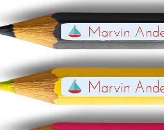 50 mini pencil labels with boat / stick on name  labels with sailboat