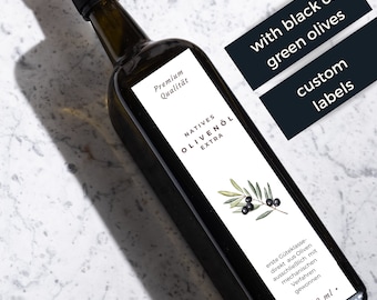 custom olive stickers for olive oil bottles personalized with your text and green or black olives