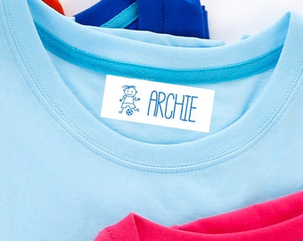 100 iron-on name labels for clothes with boy in 7 colors