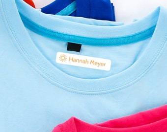 personalised iron-on name labels for clothing with sun orange