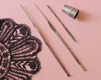 Sewing box/workbox tools, antique.  2 crochet hooks, decorative, sizes 2 & 5, carpet etc. needle and a thimble. c19th. century.