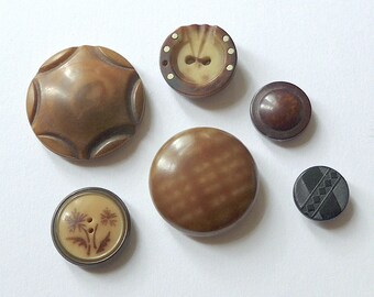 Corozo nut buttons, 6 different, vintage.  Circular, cut design, pressed, floral, horseshoe & dyed buttons. c1930's.