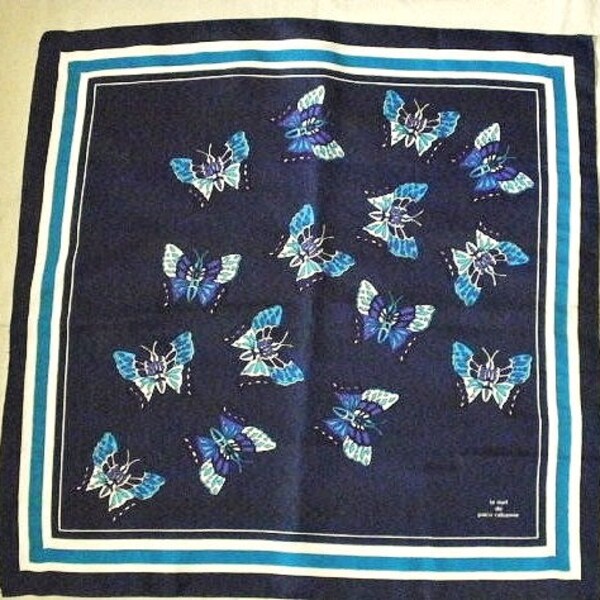 Paco Rabanne 'La Nuit' perfume scarf, butterflies design, vintage.  Shades of blue, black & white. c1980's.