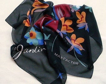 Max Factor "Le Jardin de Amour" perfume scarf, vintage.   A perfume advertising scarf, logo, floral, sheer Polyester. 1980's.