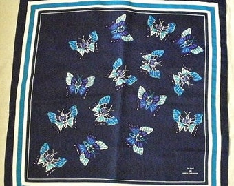 Paco Rabanne 'La Nuit' perfume scarf, butterflies design, vintage.  Shades of blue, black & white. c1980's.