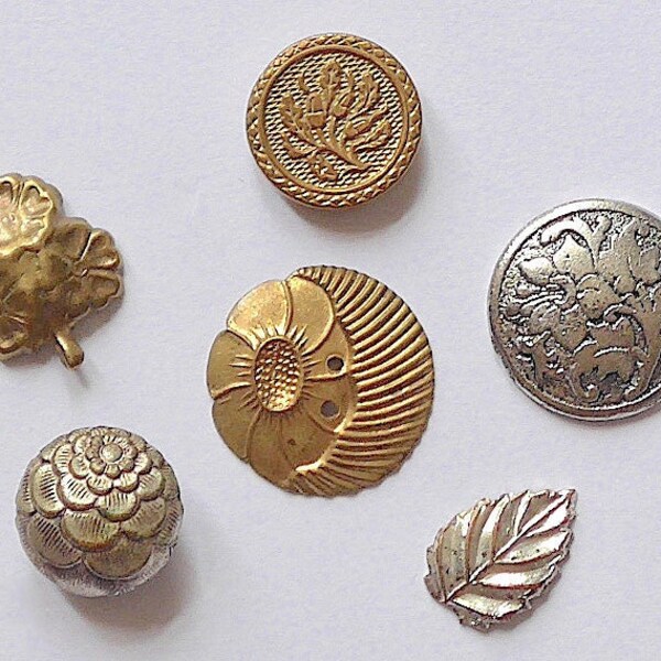 Botanical metal buttons, 6 different, antique/vintage.  Interesting designs, some suitable for use as moulds, c19th cent. - c1970's.