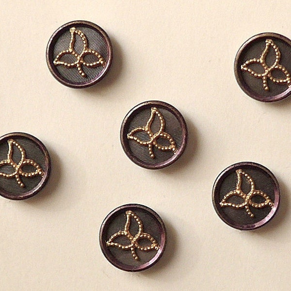 Celluloid buttons, diminutive, a set of 6, antique. Tinted purple rim, brown celuloid liner, gold col. leaf centre, loop shank. 19th. cent.