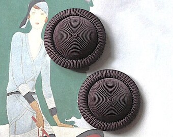 Textile buttons, a set of 2, vintage.  Good sized dark brown buttons with a convex centre & braided rim,  2 hole reverse. c1930's.