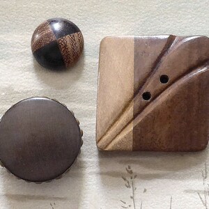 Wood buttons, 3 different, vintage.  1. Bun shaped/2 different woods, 2.  square/2 diff. woods, 3.  round/2 diff. woods, c1930's-60's