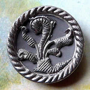 May include: A silver metal button featuring a raised design of a stylised floral motif. The button has a rope-like border.