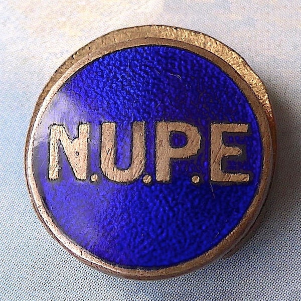 N.U.P.E badge, National Union of Public Employees, vintage.   N.U.P.E. in capitals, blue champleve enamel, lapel badge. c1950's.