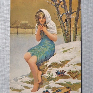 Carte postale, Stengel, vintage. Une jeune femme pieds nus grelottant dans la neige, "Das Heimchen" de "Daynes-Grassot". vers la fin des années 1910.