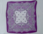 Handkerchief, vintage. A floral design with curves, in shades of purples grey, white silk, c1930 39 s.