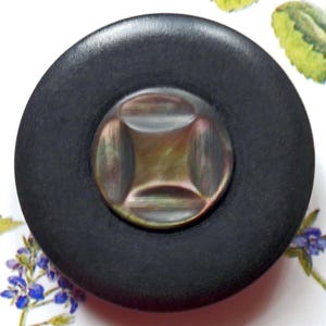 May include: A black button with a round, iridescent centre. The centre has a cross-shaped design with a green, brown, and gold colour scheme.