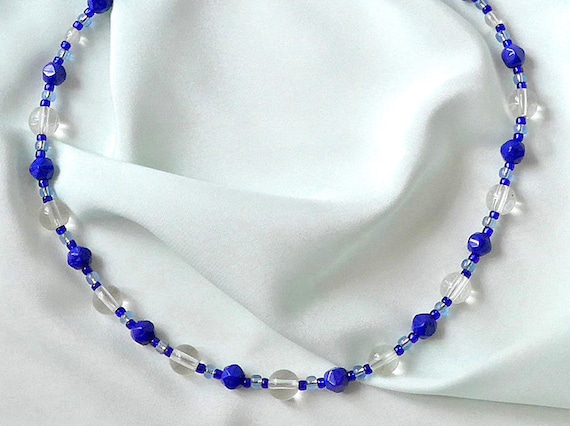 Collier Vintage En Perles De Pâte De Verre Bleue - 30 Perles, Style Rétro