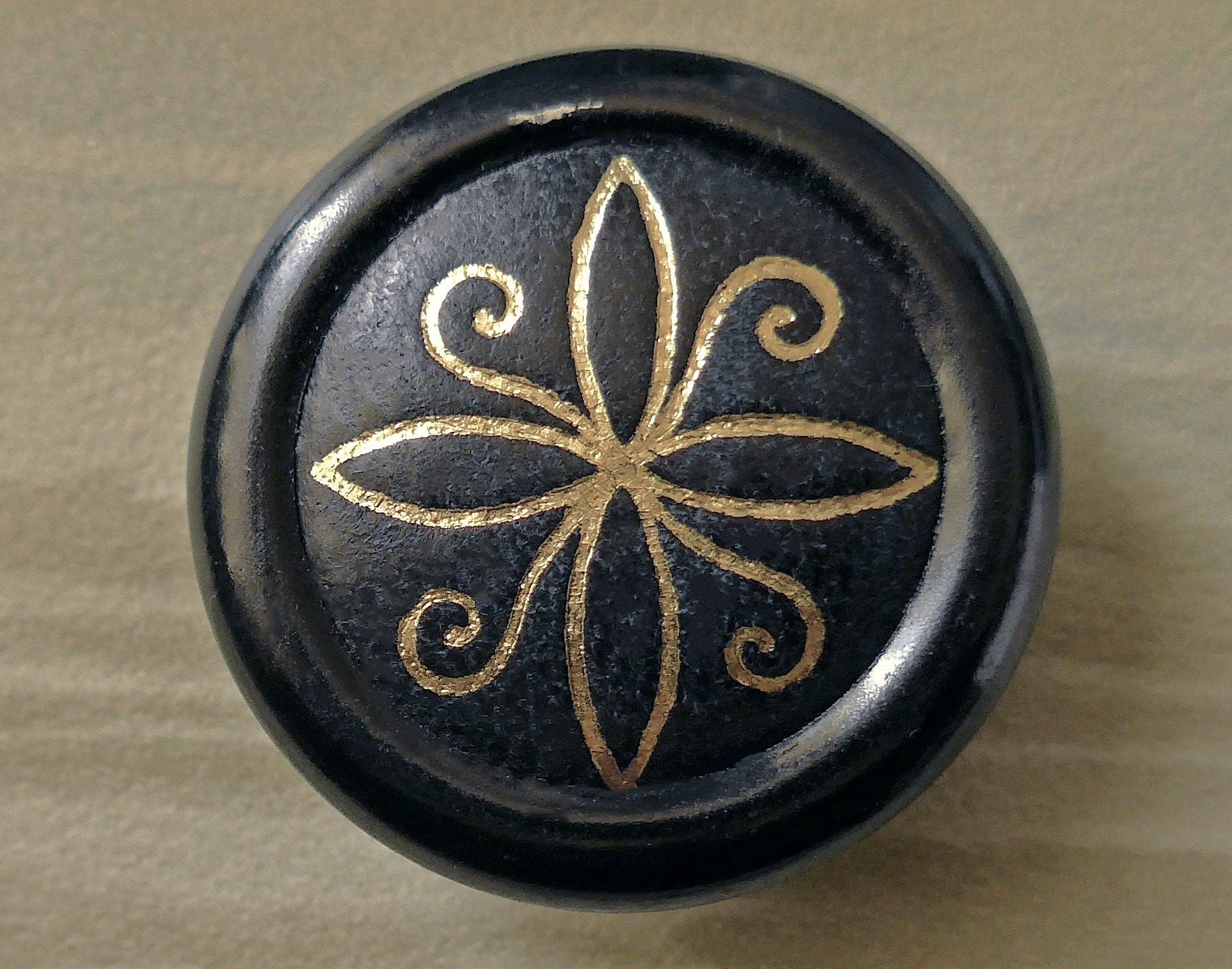 Leather Button, Black, Gold Embossed, Vintage. Black Leather Leather Button, Black, Gold Embossed, Vintage. Black Leather