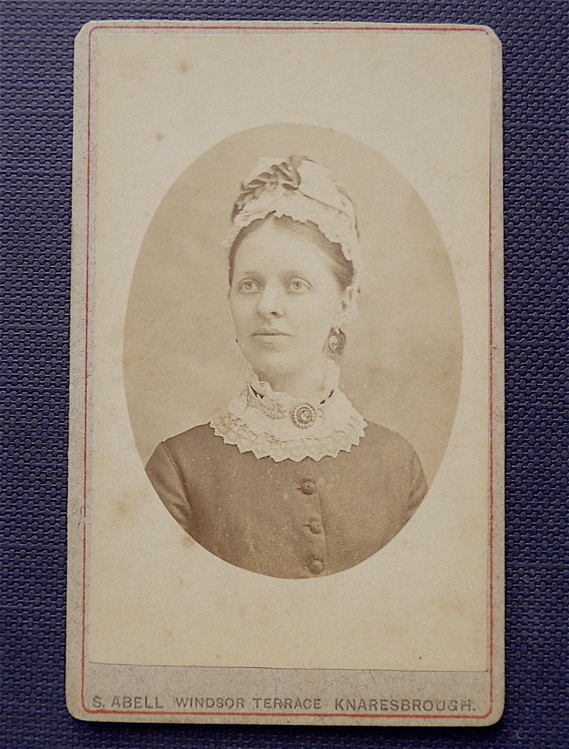 Carte-de-visite, antique.   Featuring a lady in a cap & collar, probably either a nanny or a maid. Abell, Knaresborough. c1880's.