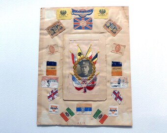 1st WW charity paper badges card, antique.  WW1 charity stickers very rare with a soldiers photograph. 1914-18.
