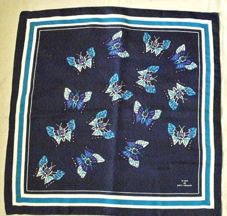 Paco Rabanne 'La Nuit' perfume scarf, butterflies design, vintage. Shades of blue, black & white. c1980's. image 1