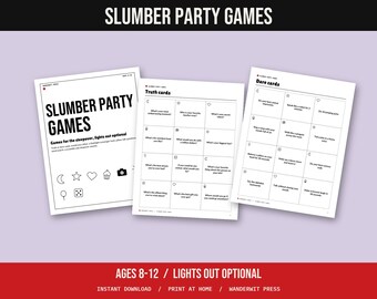 Può includere: Tre fogli di carta bianca con giochi per pigiama party, testo nero e icone. Le pagine includono un frontespizio, una griglia di carte verità e una griglia di carte penitenza con vari suggerimenti per bambini di età compresa tra 8 e 12 anni.