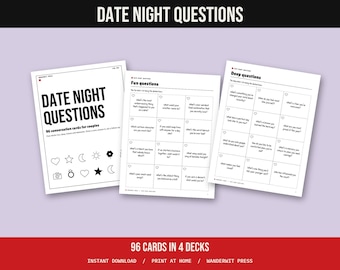 Date Night Question Cards for Couples, 96 Conversation Starters, Printable Couples Game, Anniversary Gift, Relationship Questions