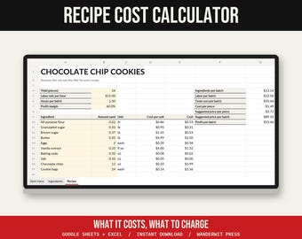 Recipe Cost Calculator Spreadsheet, Bakery Pricing Template, Cost Per Serving, Google Sheets Excel, Home Baker Pricing
