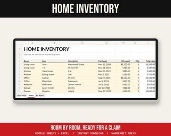Home Inventory Spreadsheet for Insurance, Household Inventory List, Google Sheets Excel, Room by Room, Moving Checklist