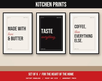 Kitchen Wall Art Set of 6, Funny Kitchen Quotes, Typography Prints, Coffee Sign, Lick the Spoon, Printable Kitchen Decor