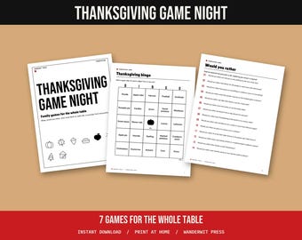 Può includere: Tre fogli di carta bianca con attività di gioco per il Ringraziamento. La prima pagina è intitolata Thanksgiving Game Night, la seconda è una cartella di bingo e la terza è un elenco con quattordici domande numerate.