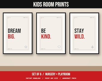 Kids Room Wall Art Set of 6, Nursery Quotes Printable, Dream Big, Be Kind, Playroom Decor, Kids Typography Prints