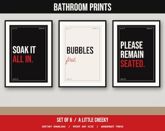 Bathroom Wall Art Set of 6, Funny Bathroom Signs, Typography Prints, Soak It All In, Printable Bathroom Decor