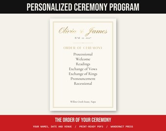 Personalized Wedding Program, Custom Order of Ceremony Card and Sign, Gold Foil, Arch or Minimal, Printable 5x7 and 8x10