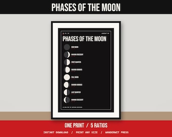 Moon Phases Print, Printable Wall Art, Lunar Phases Poster, Celestial Decor, Minimalist Black Astronomy Art, Instant Download